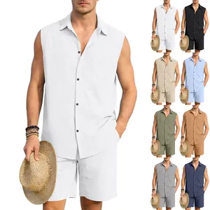 Men's beach linen sleeveless shirt and shorts set shown in eight various colors