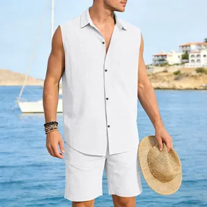 Men's white linen sleeveless shirt and shorts set for beach and summer vacations