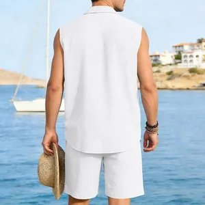 Back view of a men's white linen sleeveless shirt and shorts set in a beach setting.