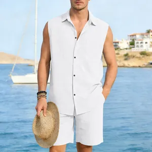 Detailed view of white linen sleeveless shirt and shorts set on a beach background
