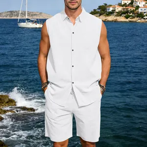 Detailed view of white linen men's sleeveless shirt and shorts set for summer beach travel