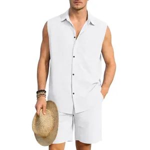 Casual white sleeveless linen shirt and matching shorts set for men's summer beach outfit