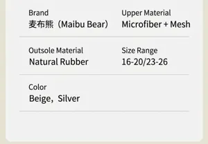 Close-up of product specification card for breathable toddler sports running shoes