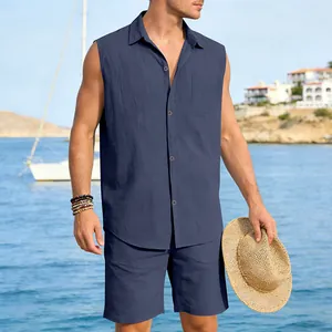 Close-up of men's navy blue linen sleeveless shirt and shorts beach set.