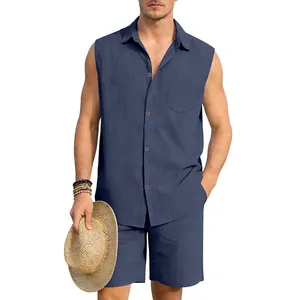 Men's navy blue linen set featuring sleeveless button-down shirt and matching shorts