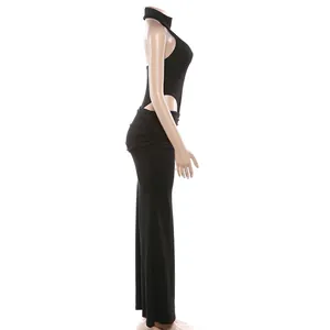 Side view of sexy black halter bodysuit and slim fit maxi skirt set on mannequin.