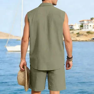 Rear view of men's sleeveless olive linen shirt and shorts set at a sunny coast