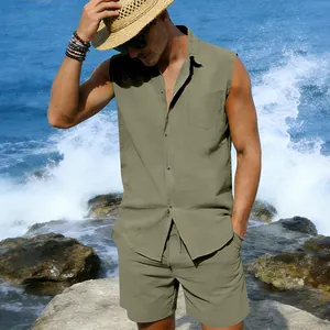 Detail shot of men's linen sleeveless shirt and shorts set on a beach