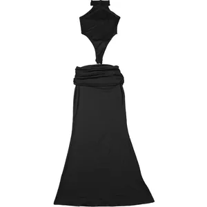 Sexy black halter bodysuit combined with a matching solid long maxi skirt set for women