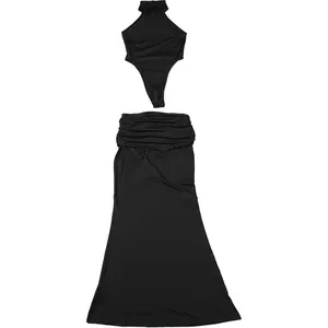 Two-piece black halter neck bodysuit and long mermaid skirt set on white background