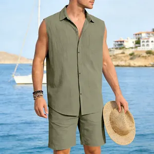 Close-up detail of a men's olive green linen sleeveless shirt and shorts summer outfit