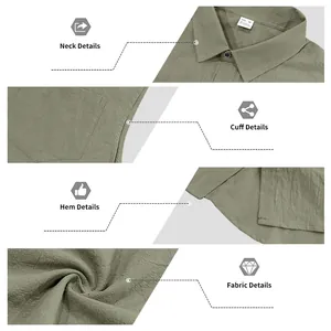 Detail view of green linen sleeveless shirt showing neck, cuff, hem and fabric texture.