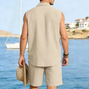 Back view of men's beige linen sleeveless shirt and shorts set for beach vacation