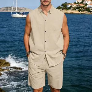 Premium men's beige sleeveless linen shirt and shorts set for summer beach holidays
