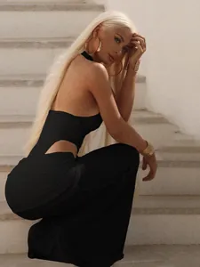 Elegant sexy black halter neck crop top and slim fit bodycon maxi skirt set for women