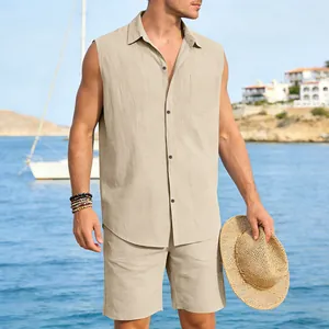 Men's sleeveless linen shirt and shorts set shown in a coastal beach setting