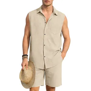 Detailed shot of men's summer beige linen sleeveless button shirt and shorts set