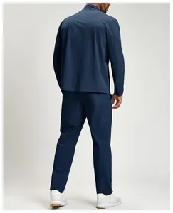 Rear view of a navy blue men's quick-dry long-sleeve athletic jacket and matching pants