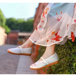 Close-up of traditional Chinese embroidered Hanfu shoes for girls with floral patterns.