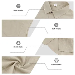 Detailed views of the neck, hem, and fabric texture of this men's linen sleeveless shirt