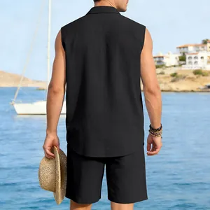Back view of men's black sleeveless linen shirt and shorts set for summer beachwear.