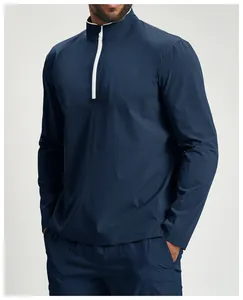 Detailed side view of men's navy blue recycled quarter-zip quick-dry sports jacket