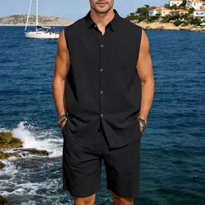 Close-up view of a black sleeveless linen shirt and matching shorts worn by a model