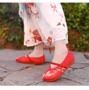 Detailed view of red traditional children's Hanfu cloth shoes with floral embroidery