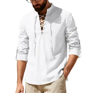 Detailed view of men's white linen henley shirt featuring lace-up collar and stand neck