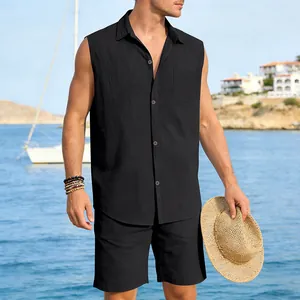 Men's black linen summer set featuring a sleeveless lapel shirt and matching shorts for beach.