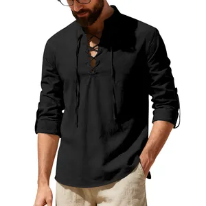 Detail view of men's black linen henley shirt with lace-up stand collar design.