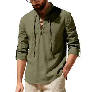Detail of men's olive linen Henley shirt featuring lace-up stand collar and rolled sleeves