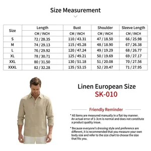 Guide détaillé des tailles pour polo homme manches longues en lin avec mesures CM