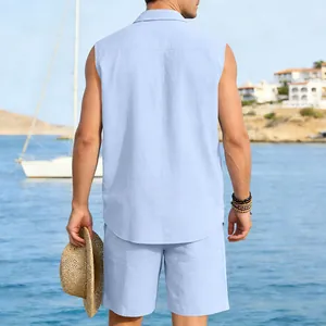 Back view of men's light blue linen sleeveless shirt and matching shorts beach set.