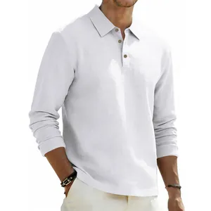 Men's loose white linen long sleeve polo shirt with turn-down collar for casual business