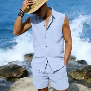 Men's light blue sleeveless linen shirt and shorts two-piece set for beach vacations