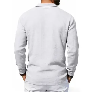 Detailed back view of a men's white linen long-sleeve polo shirt with black collar trim.