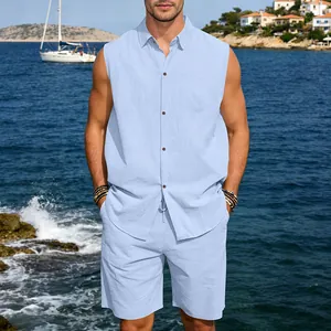 Light blue men's sleeveless linen shirt and matching shorts set for summer beach wear.