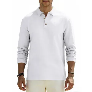 Men's loose fit white long-sleeved polo shirt in breathable linen fabric for casual business