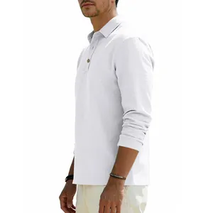 Side view of men's white linen long-sleeve polo shirt with relaxed American fit