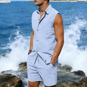 Casual men's light blue sleeveless linen shirt and shorts set perfect for summer beach vacations