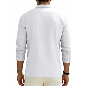 Back view of a white linen long-sleeve polo shirt for men, business casual style.