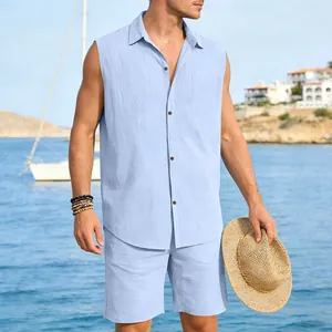 Light blue sleeveless linen shirt and matching shorts for men in a beach holiday setting.