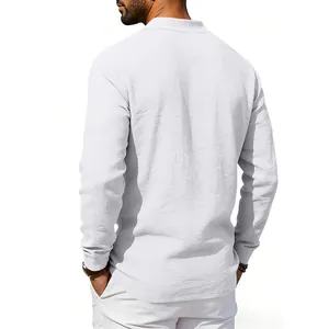 Rear view of white linen long sleeve polo shirt showing premium breathable fabric texture