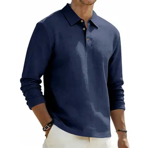 Men's loose navy blue linen long-sleeved polo shirt with casual business lapel design