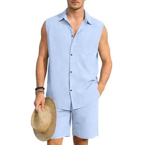 Detail of men's sky blue linen sleeveless shirt and matching shorts set for beach