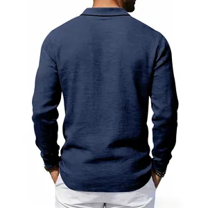 Back view of high-quality navy blue linen long-sleeved polo shirt for men in casual style