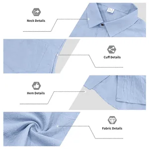 Detail view of men's blue linen sleeveless shirt showing collar and fabric texture