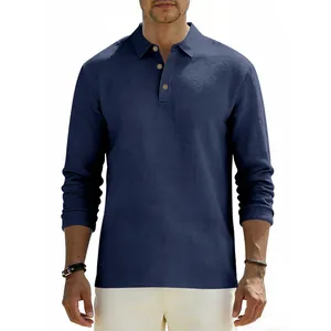 Close-up of men's navy blue long-sleeved linen polo shirt with three-button placket