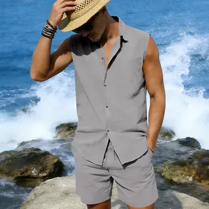 Men's grey linen sleeveless shirt and matching shorts beach set shown outdoors on a sunny day